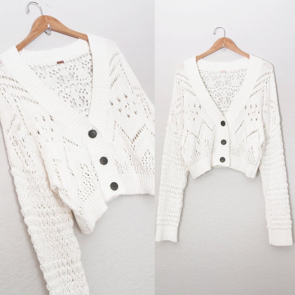 Free People Chloe Cardigan M Evening Cream White Loose Knit Cropped Sweater $128 - Picture 4 of 15